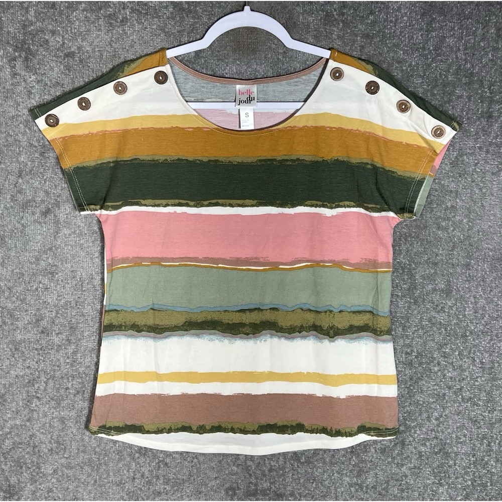 Belle Du Jour Top Womens Sz SStriped Pink Green Short Sleeve Stretch Lightweight